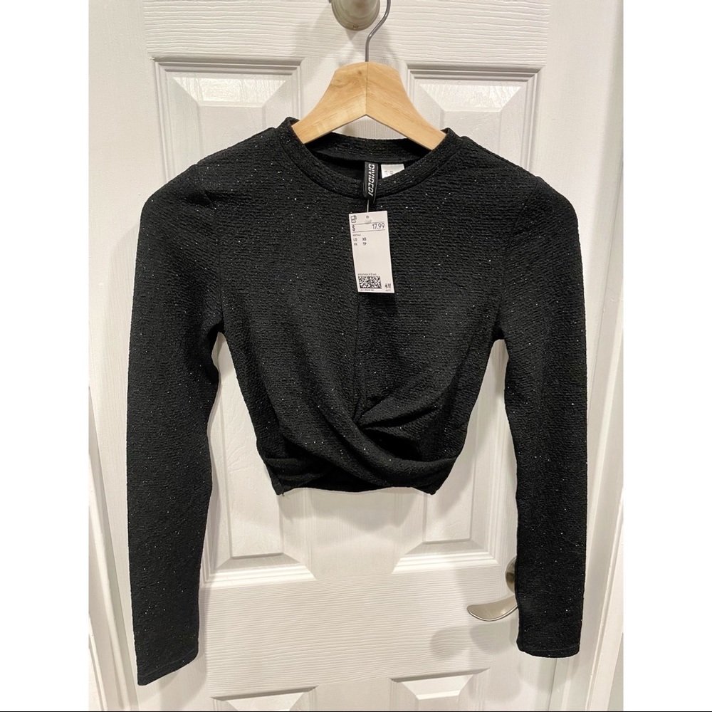 Cropped black glitter long sleeve top